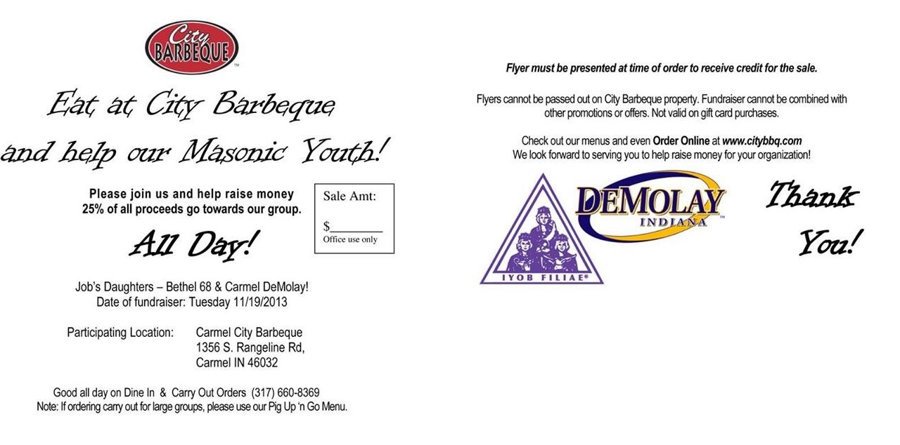 Eat at City Barbeque and Help Our Masonic Youth!